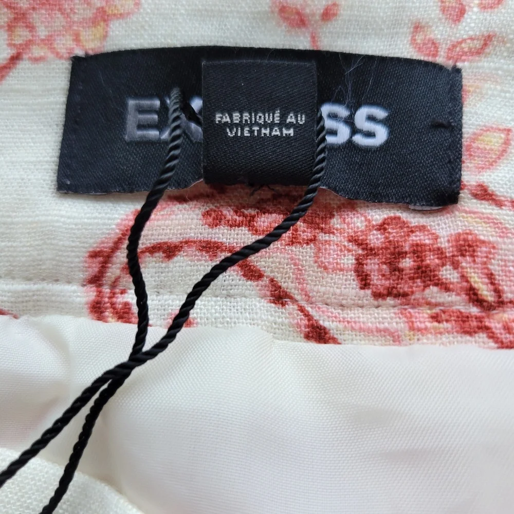 Express Women's Pink Ivory Linen Blend Floral Tiered Ruffle Mini Skirt Sz 14 New